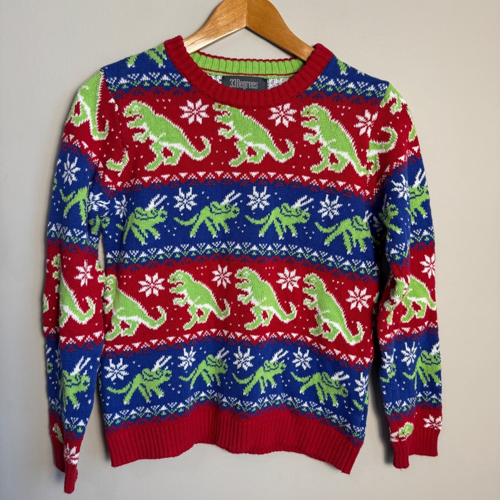 33 Degrees Youth‎ Ugly Christmas Sweater Dinosaur Snowflake Holiday Red Blue L